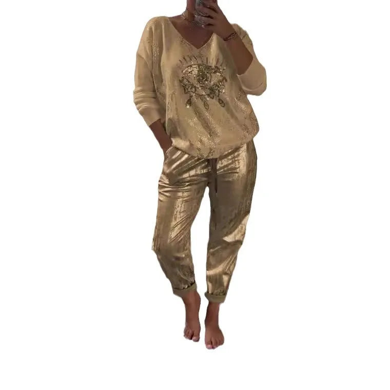 Plus-size Suit Women's Casual Fashion Metal Eye Decoration Long-sleeved Shirt Casual Pants Plus-size Women's Clothing 2025