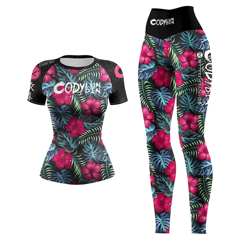 Flower Print Women Rash Guard Gym Clothes MMA Compression Yoga Wear Jiu Jitsu Rashguard T-shirt+Pants Boxing Grappling 4pcs/Sets