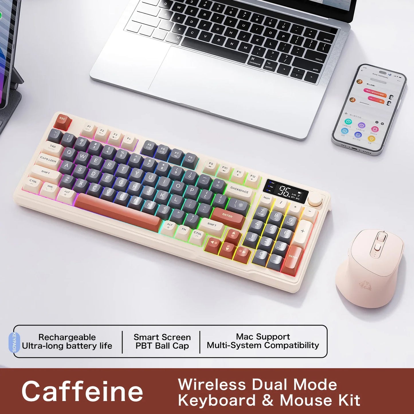 M96 Wireless Keyboard and Mouse Set, Bluetooth&2.4G, Smart Screen, 96 Keys, RGB, Silent Keyboard Mouse Combo