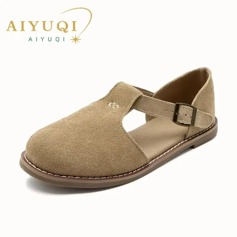 AIYUQI Flat-Soled Retro Frosted Genuine Leather Women's Sandals 2026 New Hollow Women's Shoes Roman Baotou Sandals for Women