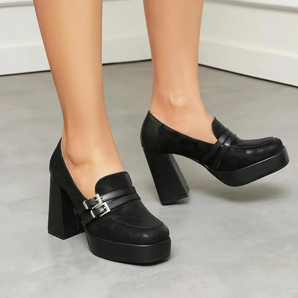 Square Toe Platform Double-Layer Buckle Shallow Sleeve Office Pumps Ultra-High Thick Heel Breathable High Heels
