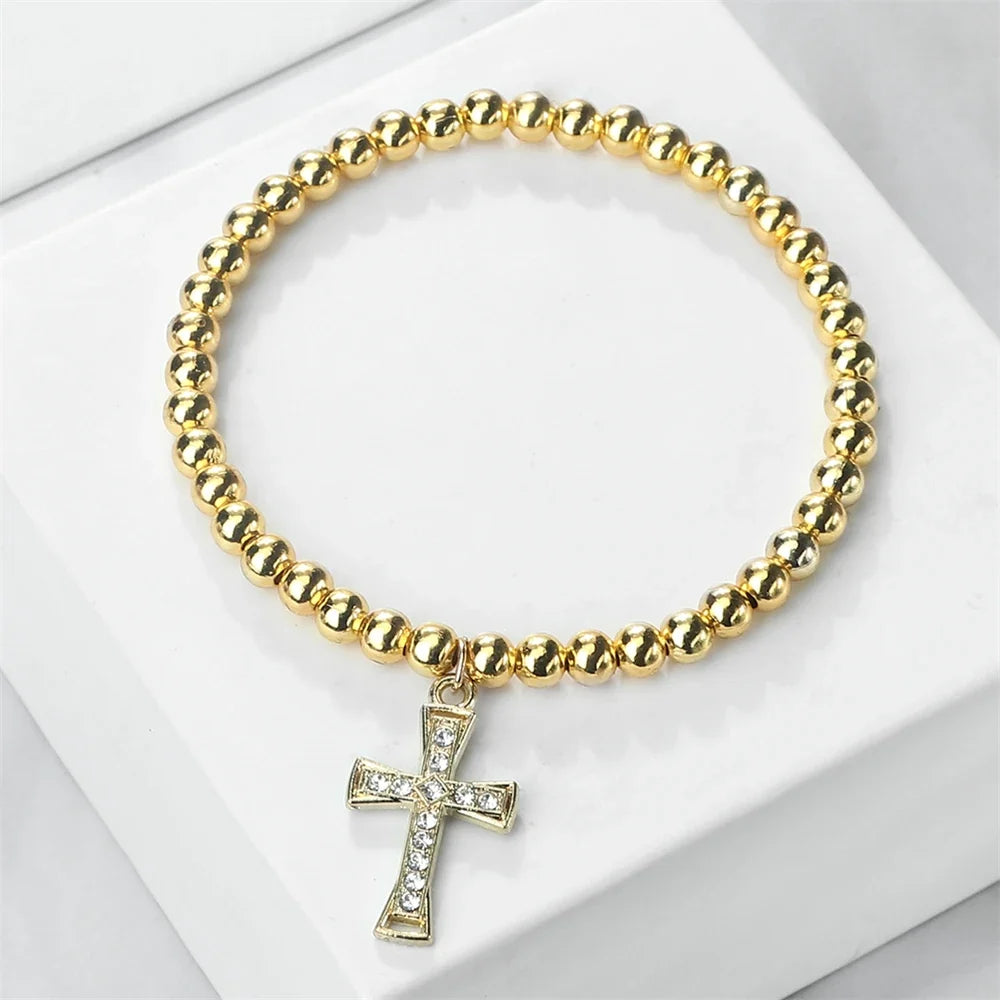 5mm Copper Beaded Bracelets With Alloy Cross Pendant Bangles Fashion Women Elastic Rope Wristbands Men Energy Yoga Jewelry Gifts