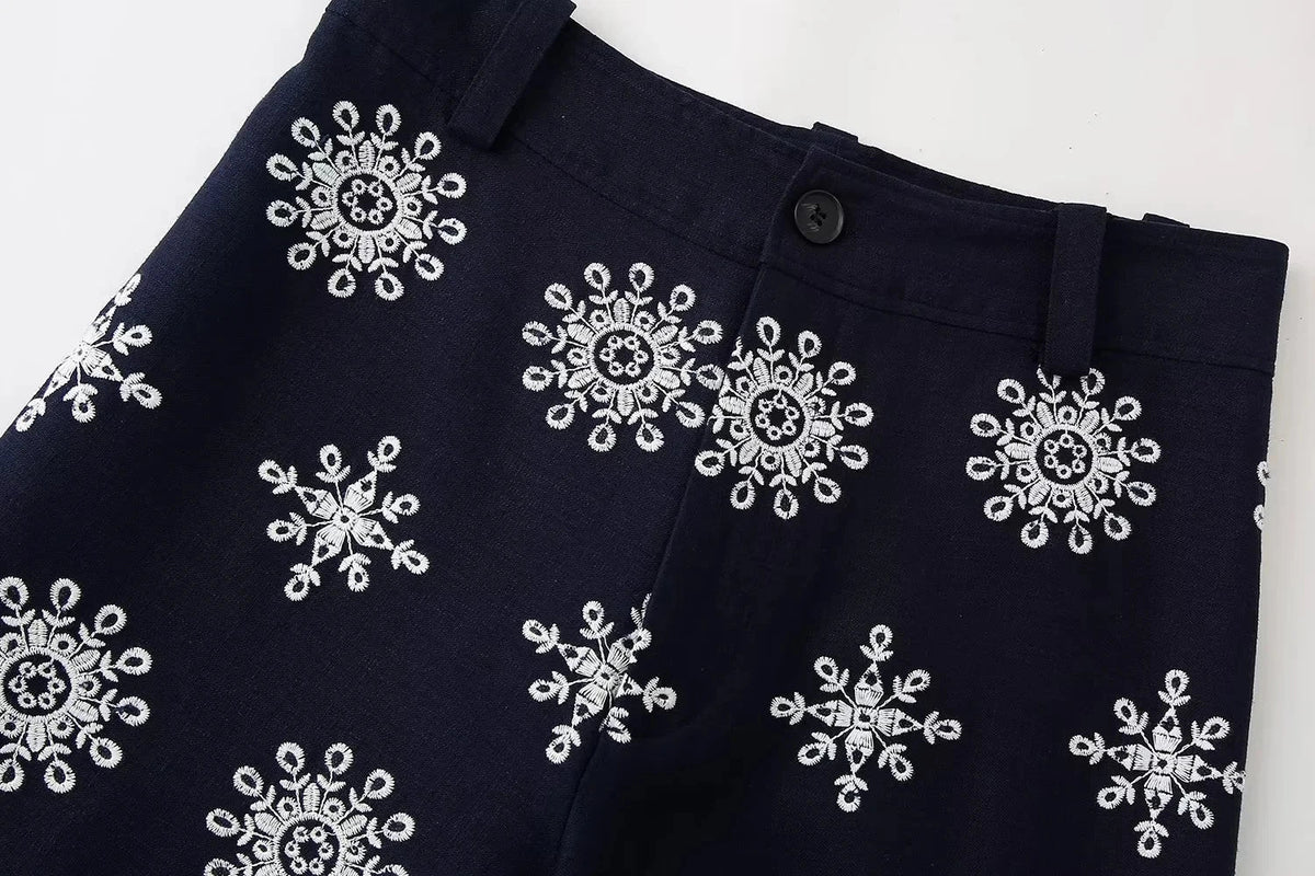 Foridol Floral Embroidery Cropped Pants Women Summer Casual Zip Navy Blue Fashion Female Pants Pantalones 2025 Mujer