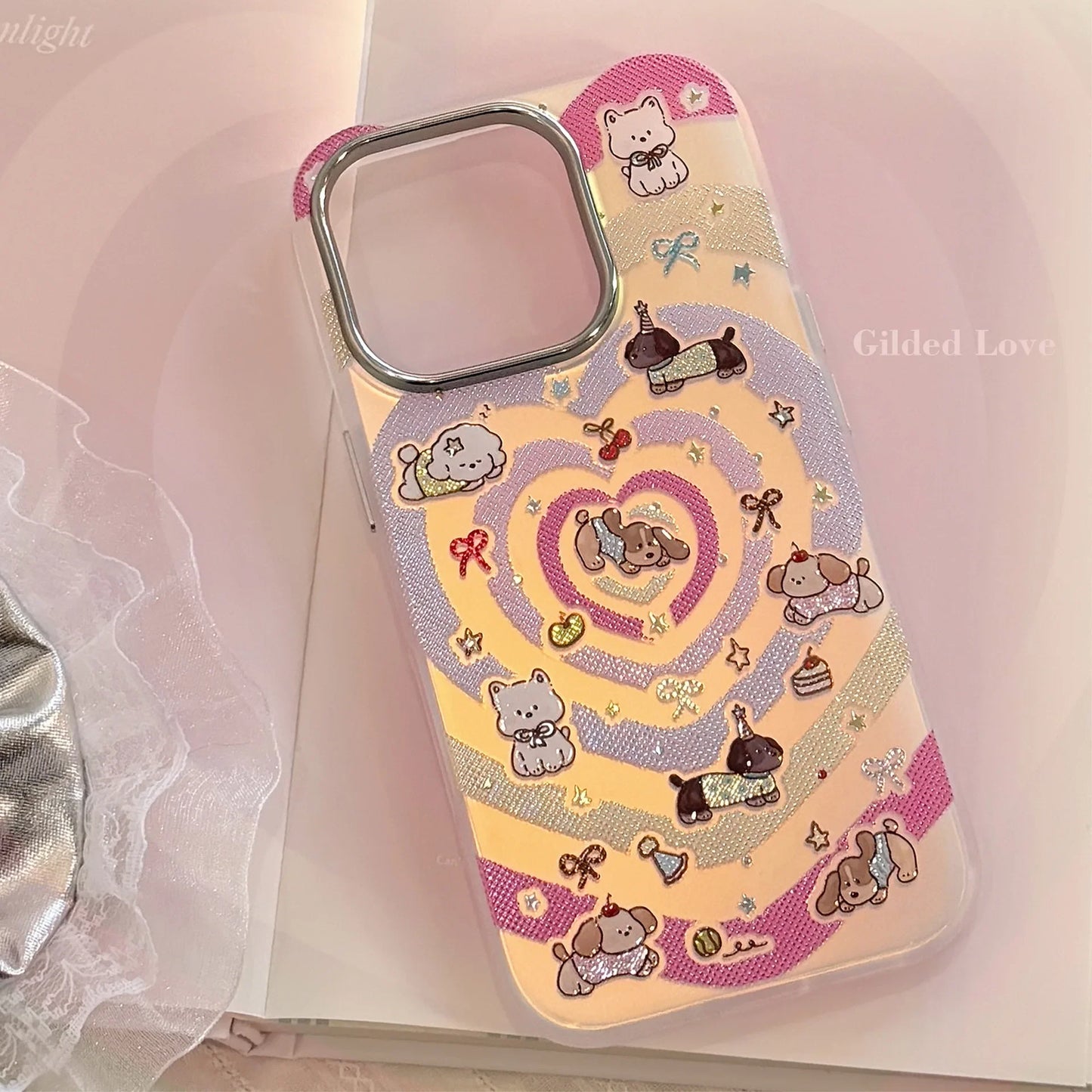 Korean Gilding Laser Colorful Love Heart Cartoon Puppy Phone Case For iPhone