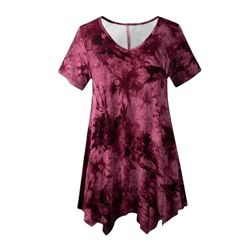 5XL Plus Size Woman Clothing Tie Dye Short Sleeve T-Shirt Casual New V Neck Irregularity Tops Big Size Ladies Loose Tops Long