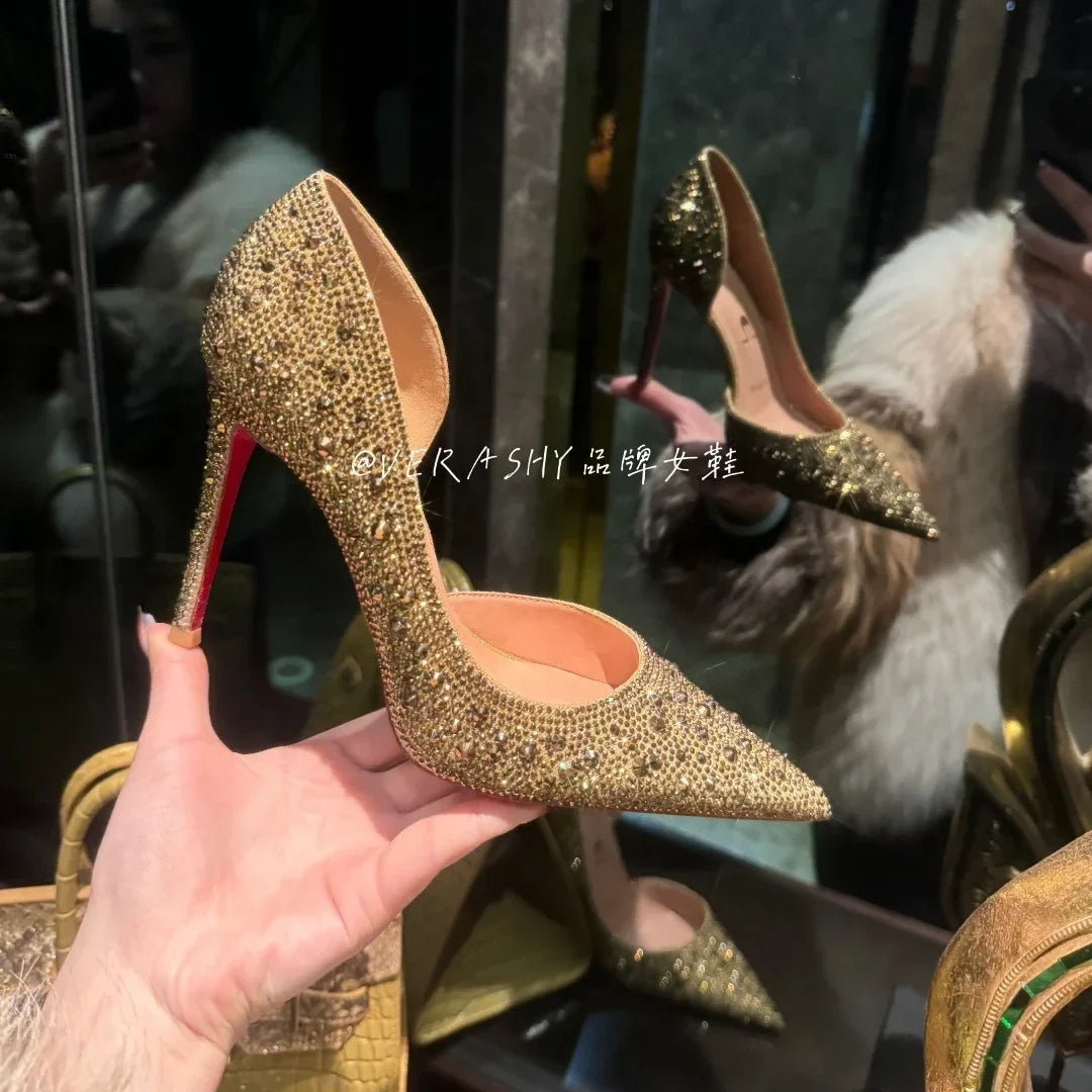 Red Sole Shoes High Heels Wedding Women Shoes Diamond Pumps  Heel 10cm Crystal Shoes Rhinestone Pointed Toe Glitter Party Heels