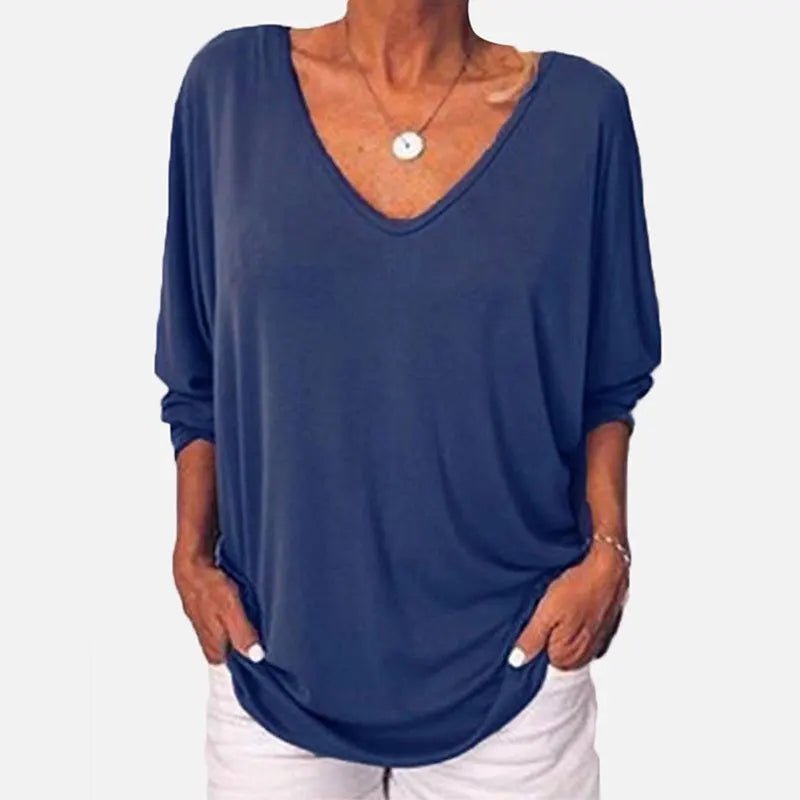 Plus Size Loose Women's Shirt V-Neck Overhead Three-Quarter Sleeve Casual Female Top Button Decoration Padded Shoulder