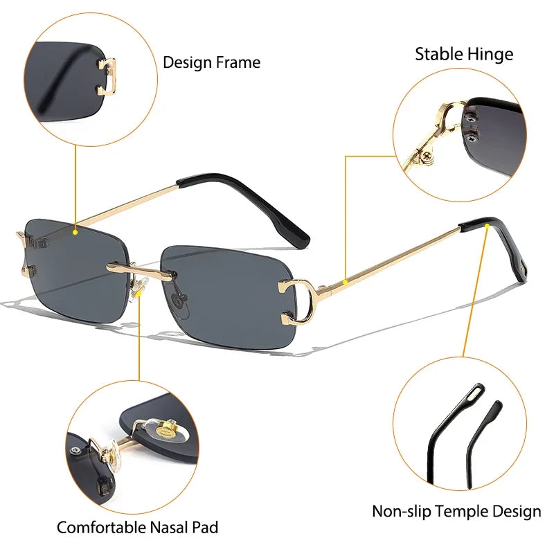 HBK Retro Rimless Small Sunglasses Women Metal Rectangle Gold Frame Brand Design Men Eyewear Driving Travel Beach Eyewear UV400