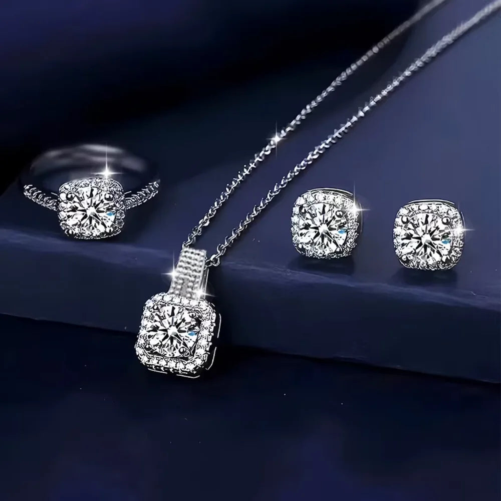 3pcs Set Luxury Brand Shiny Geometric Square Zircon Necklace Earring