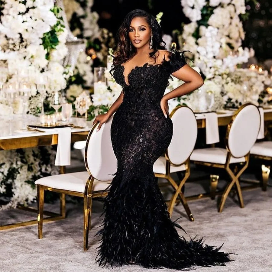 Vestidos de noche de sirena con plumas, vestidos de fiesta de encaje sin hombros con escote transparente, vestidos de cumpleaños sexys para mujer de talla grande