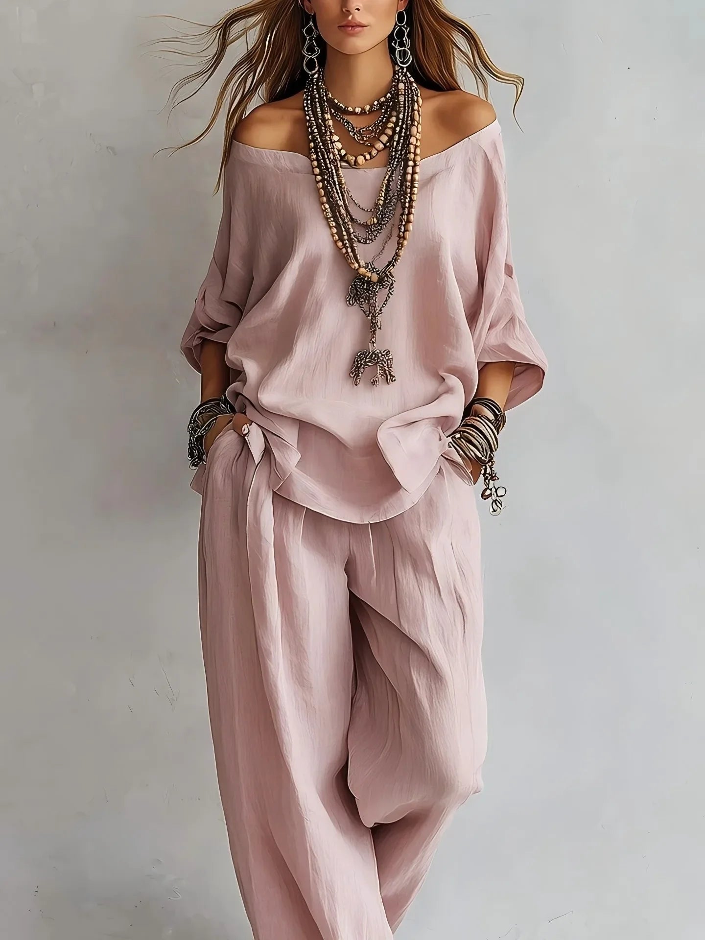Summer New Casual Loose Linen Women's Two Piece Set Three-quarter Sleeve Off Shoulder Top Wide Leg Pants Suit Women Clothing