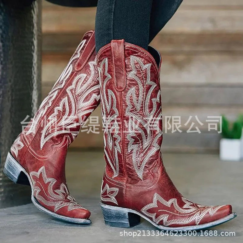 Botas de cowboy bordadas para mujer, hasta la rodilla, a media pantorrilla, botas vaqueras vintage de tacón, zapatos casuales de tacón grueso para otoño
