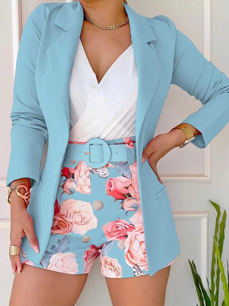 Set Woman 2 Pieces Spring Summer New Korean Fashion Casual Long Sleeve Blazer Coats Suits Elegant Printing Belt Shorts Sets
