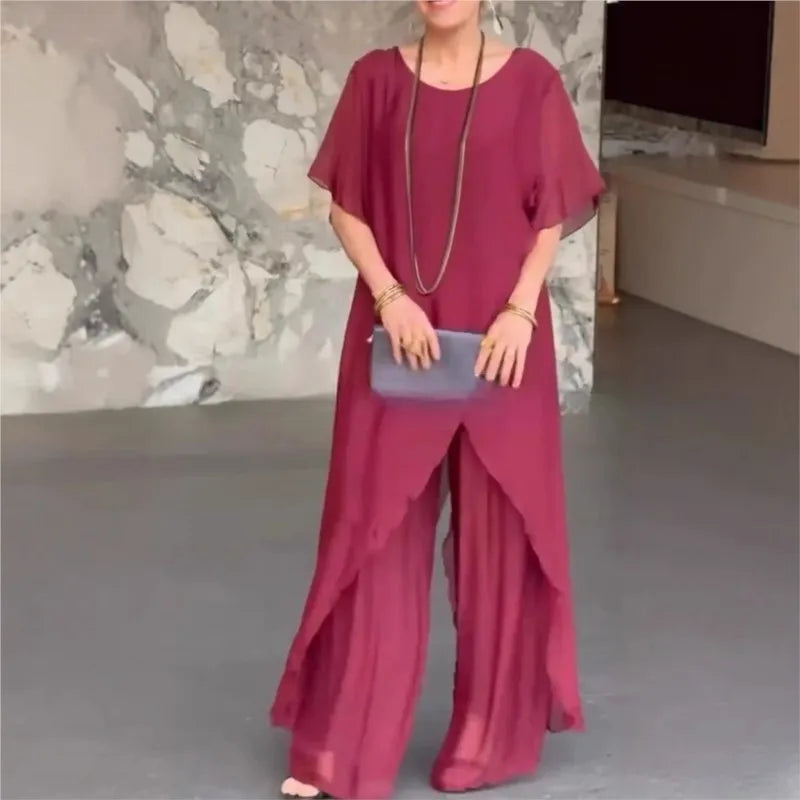 Women Summer Chiffon Pant Sets Short Sleeve Solid Irregular Splicing Long Blouse Wide-leg Pants Casual Loose Trousers Suits Robe