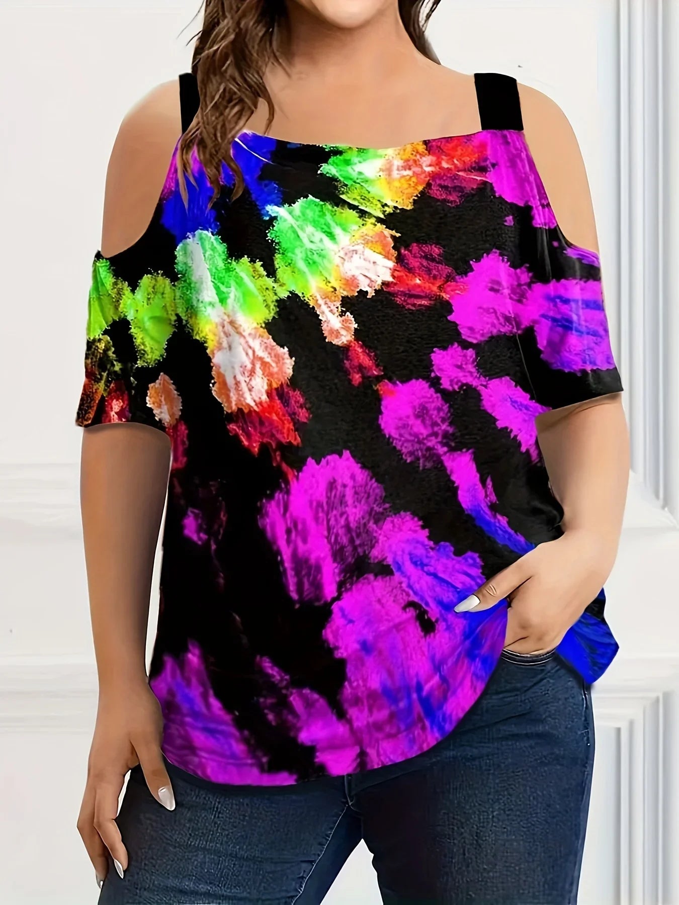 Summer new fashion strap off-the-shoulder multi-color print plus size women's short sleeve t-shirt