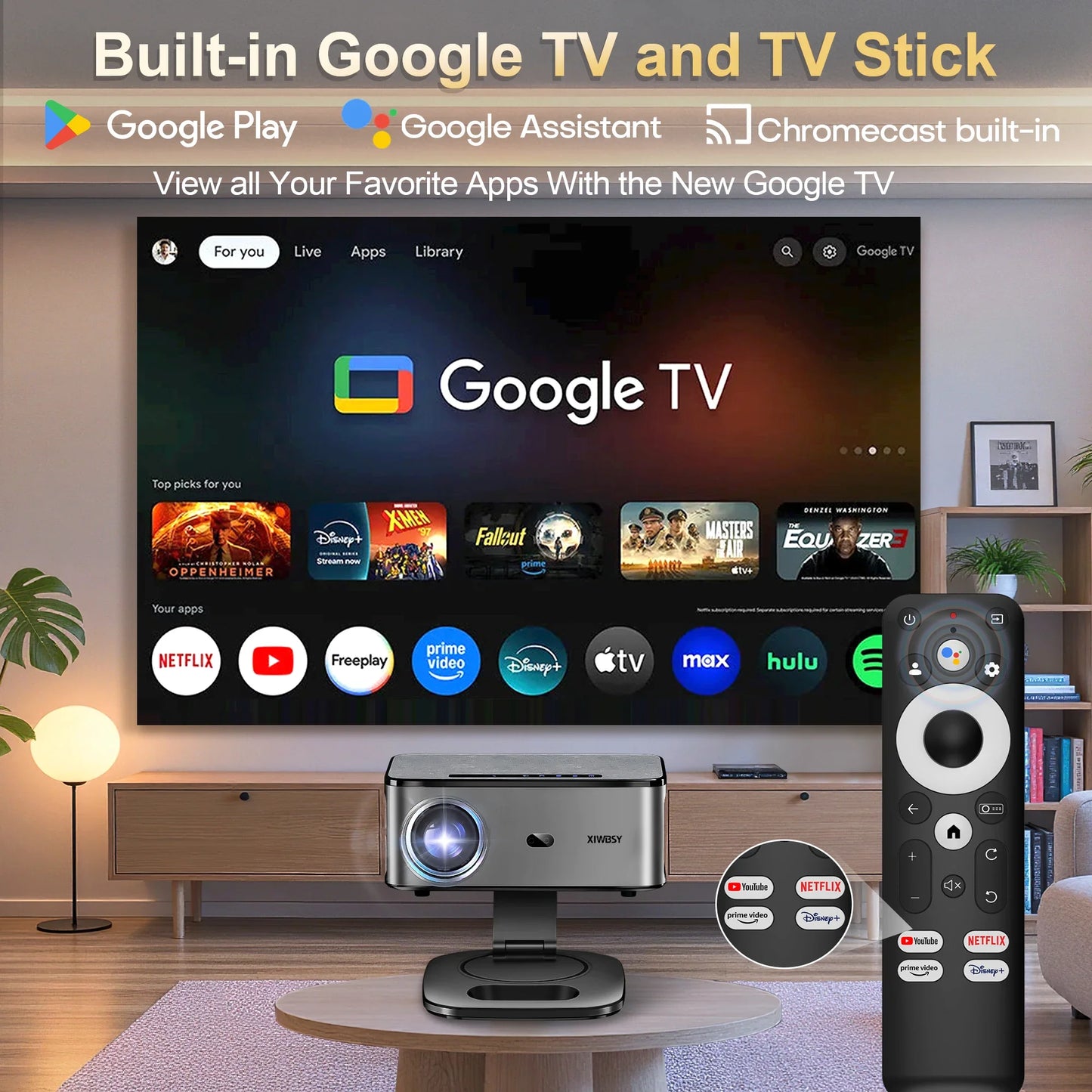 XIWBSY 2026 Portable 4K UHD Projector 42000Lumens Movie Google TV Projector BT5.4 WiFi6 Android TV 14.0 Smart Home Projector