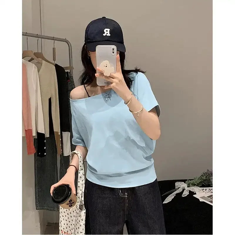 Fashion Loose Ladies Batwing Sleeve Trend Solid Color Off Shoulder Summer New Style Pullover Slash Neck Tshirt Tops Short Sleev