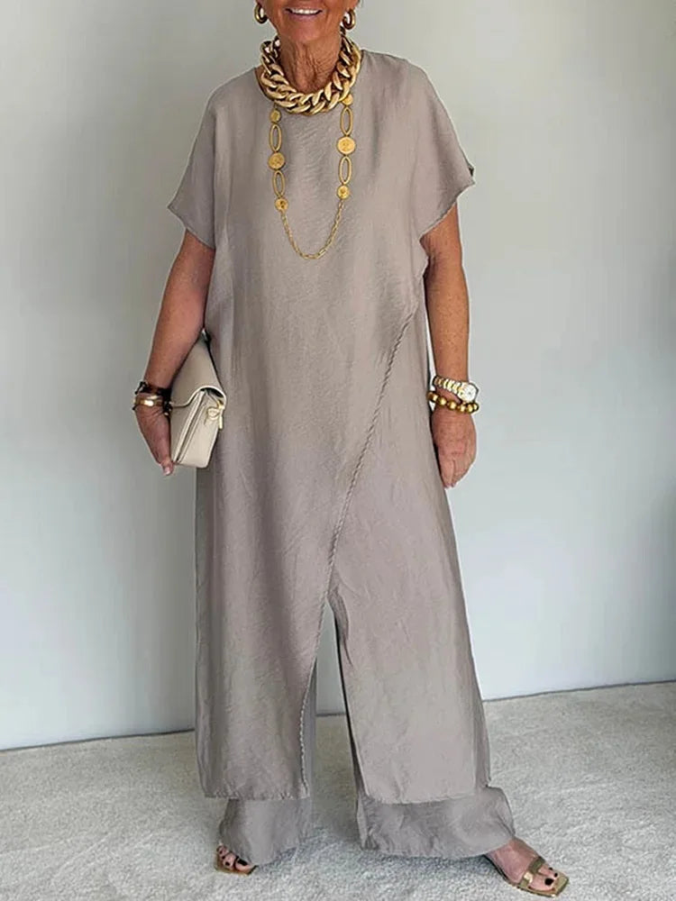 Loose Irregular 2 Piece Set for Women Short Sleeve Round Neck Long Top + Wide Leg Pants Casual Outdoor Commuting Versatile Suit