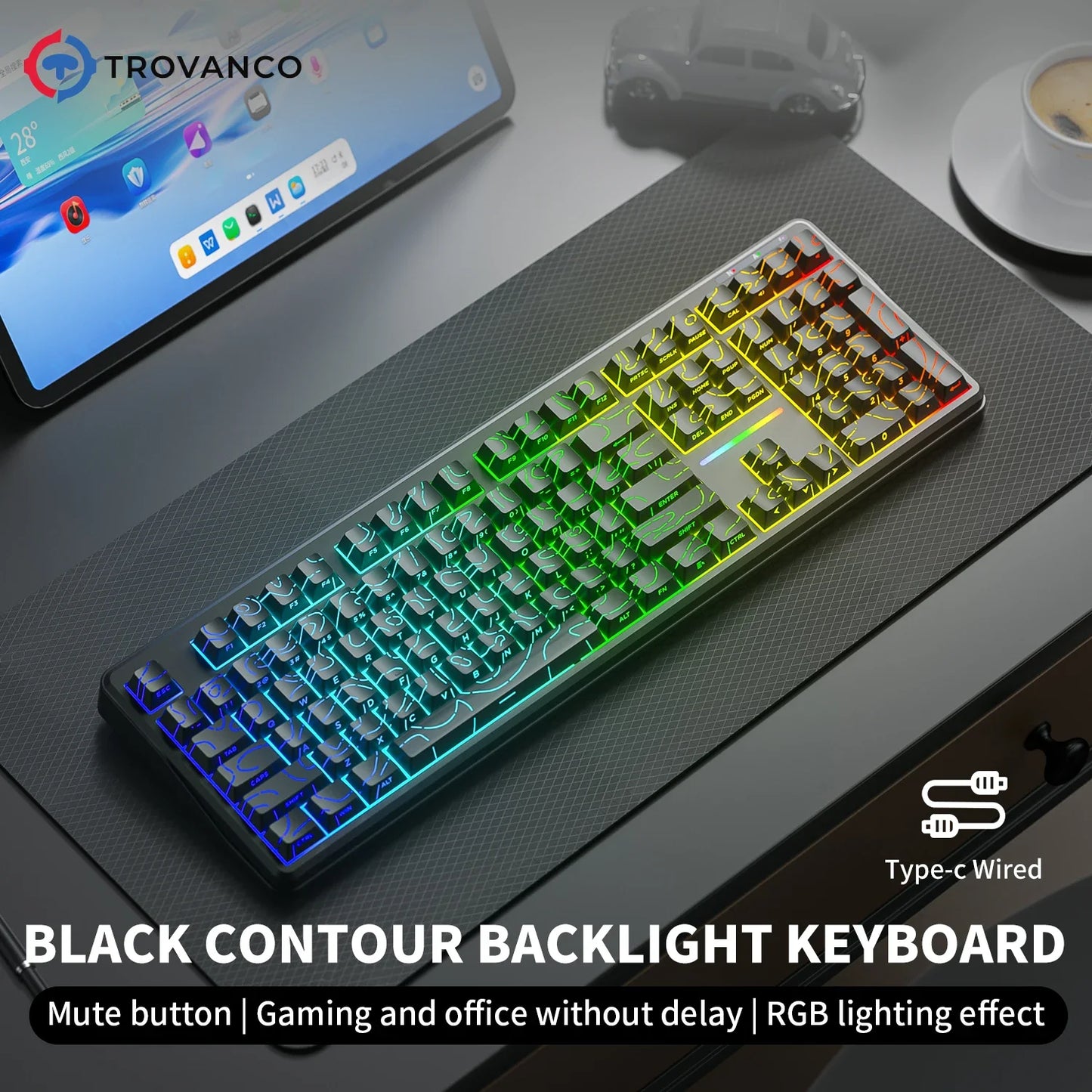V108 Bluetooth Keyboard  Office Low Noise 2.4G Wired&Wireless Full Layout with RGB Backlit Membrane