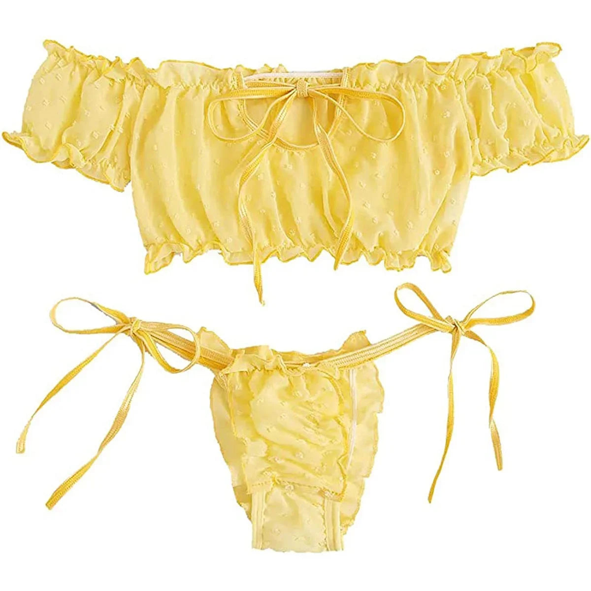 Porn Women Sexy Lingerie Off Shoulder Bralette Strapless Ruffles Bra and Panty Sets Female Transparent Underwear