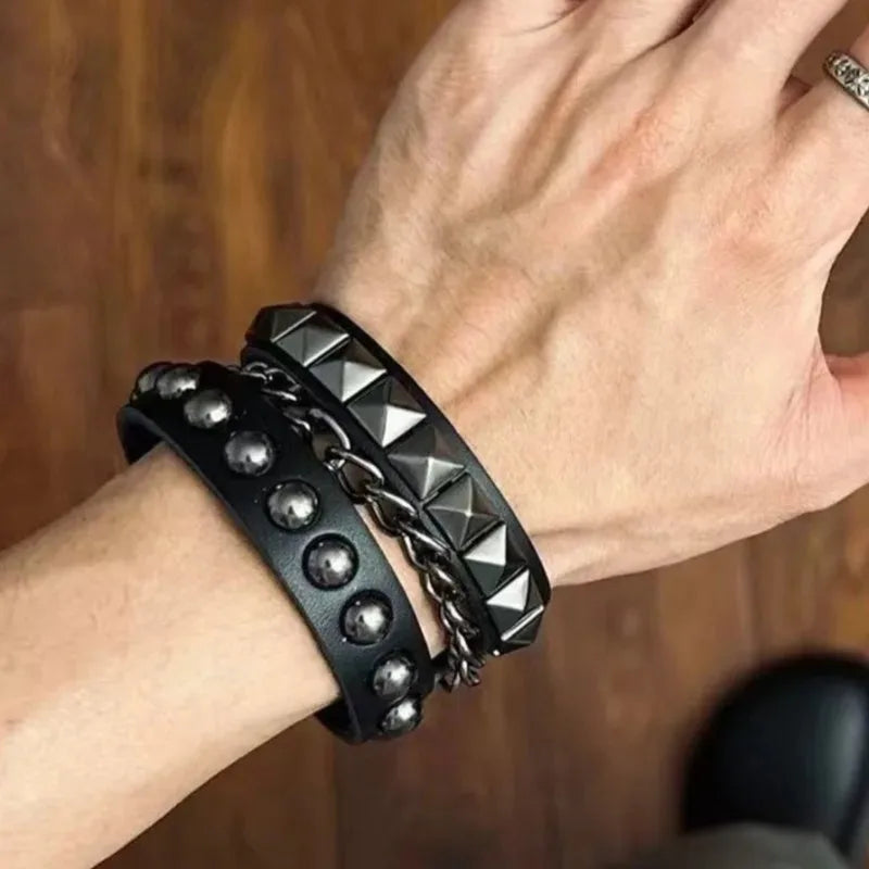 Punk Y2k Layered Bracelet Leather Band Metal Rivets and Chains Unisex Dark Aesthetic Unisex Jewelry for Daily Wear