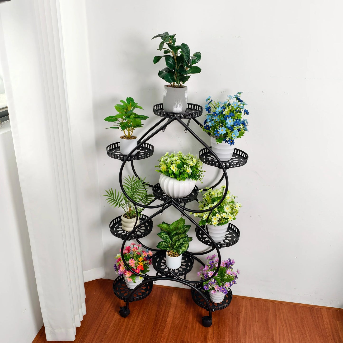Iron Metal Plant Stand 9-Potted Rolling Flower Display Rack Holder with Wheels Indoor Outdoor
