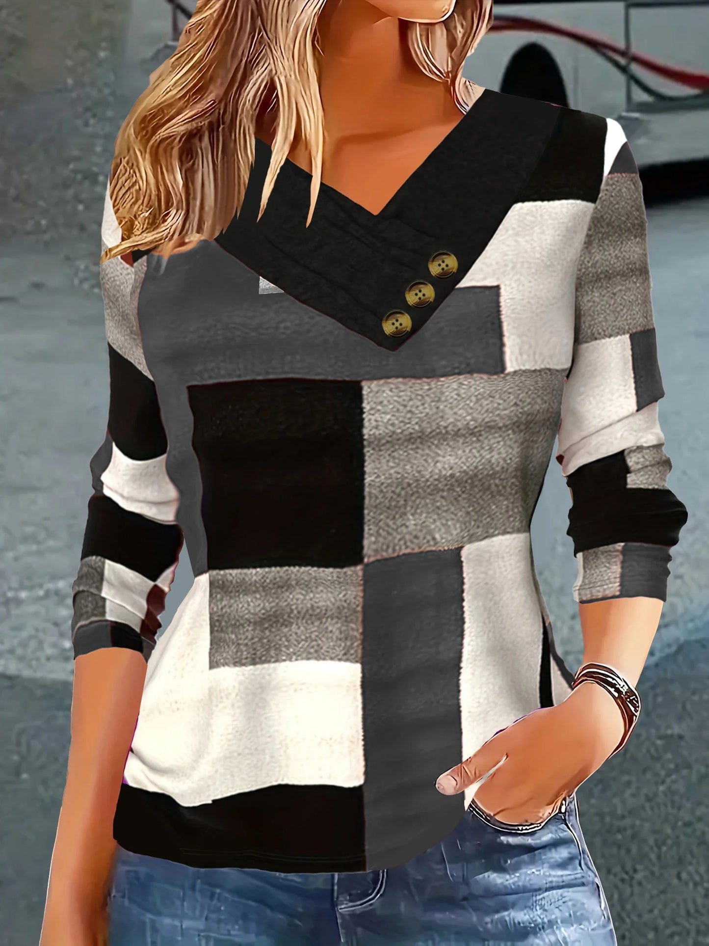 Autumn thin fashion plaid print V-neck button plus size women's long sleeve t-shirt