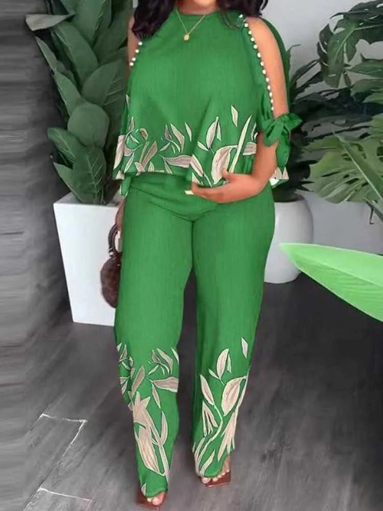 Female Clothing Summer Women Outfit Pearl Off The Shoulder Blouse and Trouser Elegant 2-piece Sets Plus Size Pant Sets