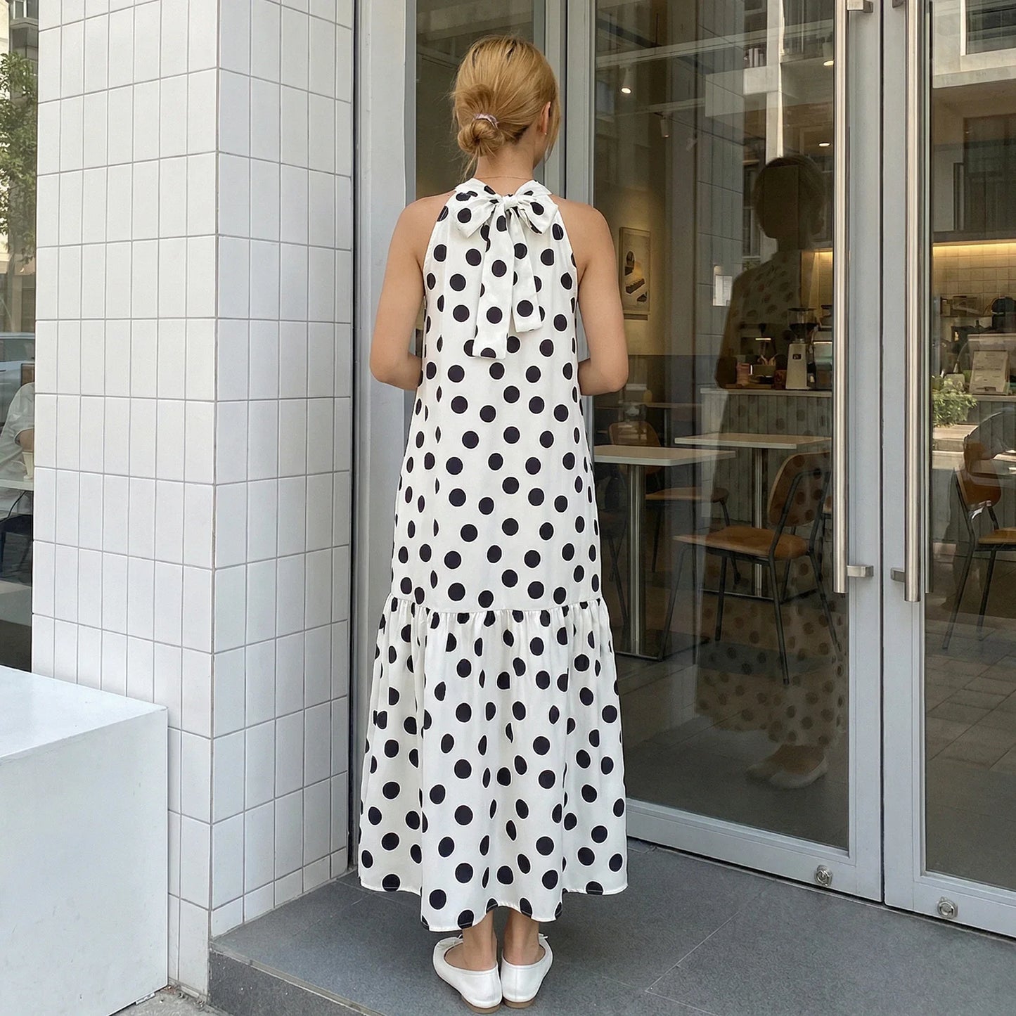 Womens Summer Halter Neck Dress Casual Loose Fit Stylish Dot Print Sleeveless Long Dresses