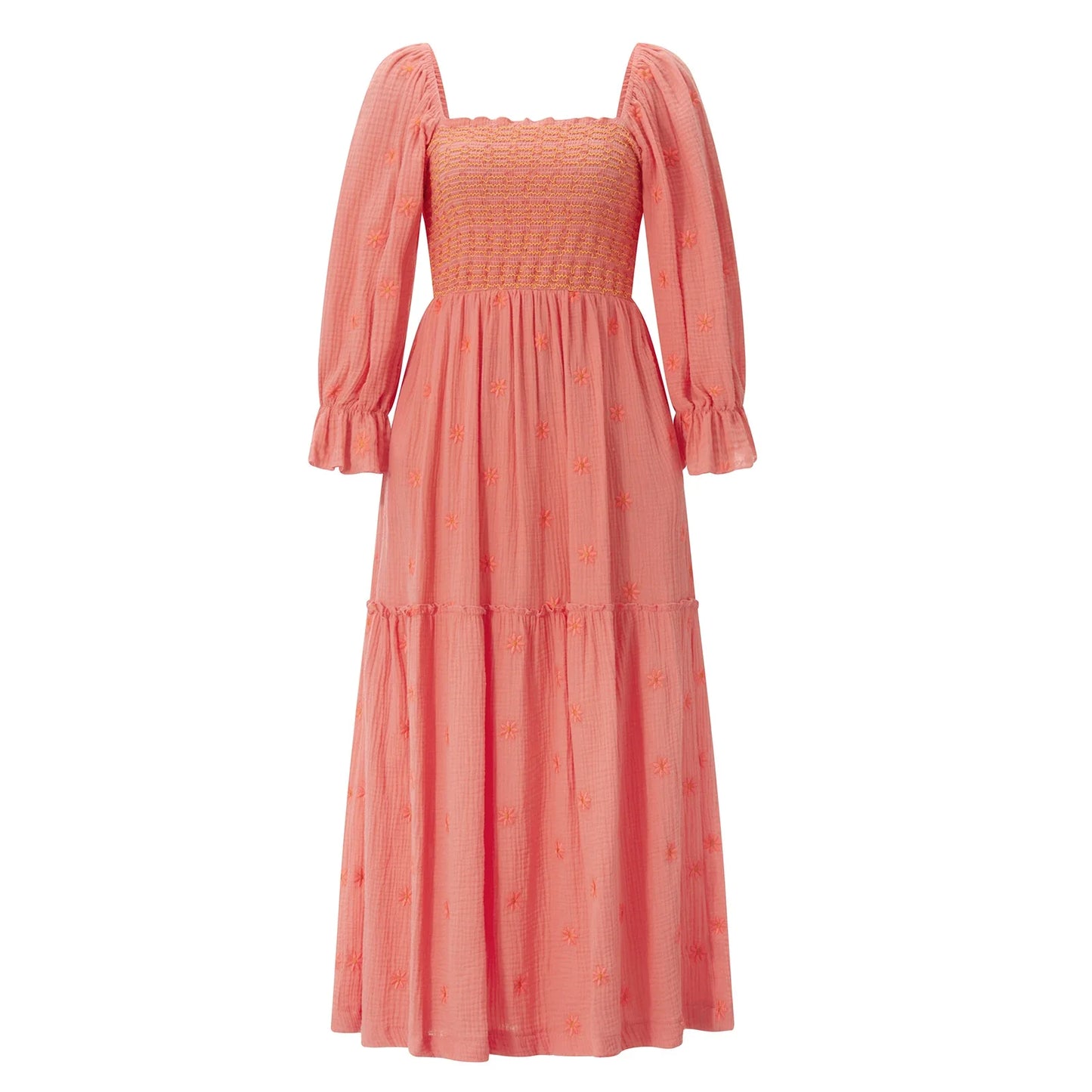 Women Spring Fall Long Dress Long Sleeve Dress Square Neck Embroidery Flower Loose Swing Dress Wit Pocket