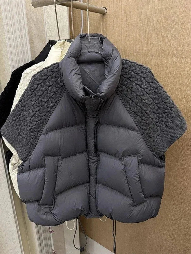 Short Puffer Jacket Sleeveless Duck Down Coat Warm Lightweight Patchwork Knitted Warm Drawstring Short Puffer Down Waistcoat