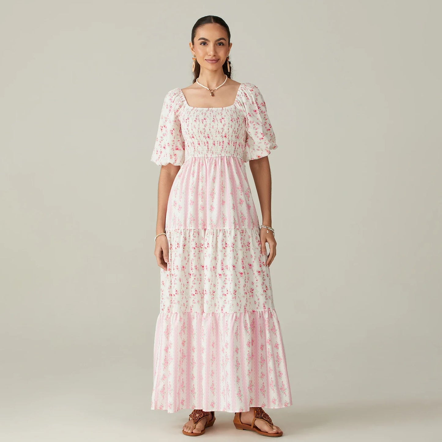 Women Summer Long Dress Floral Print Square Neck Short Sleeve Fashion Casual Bohemian Holiday Beach Dresses