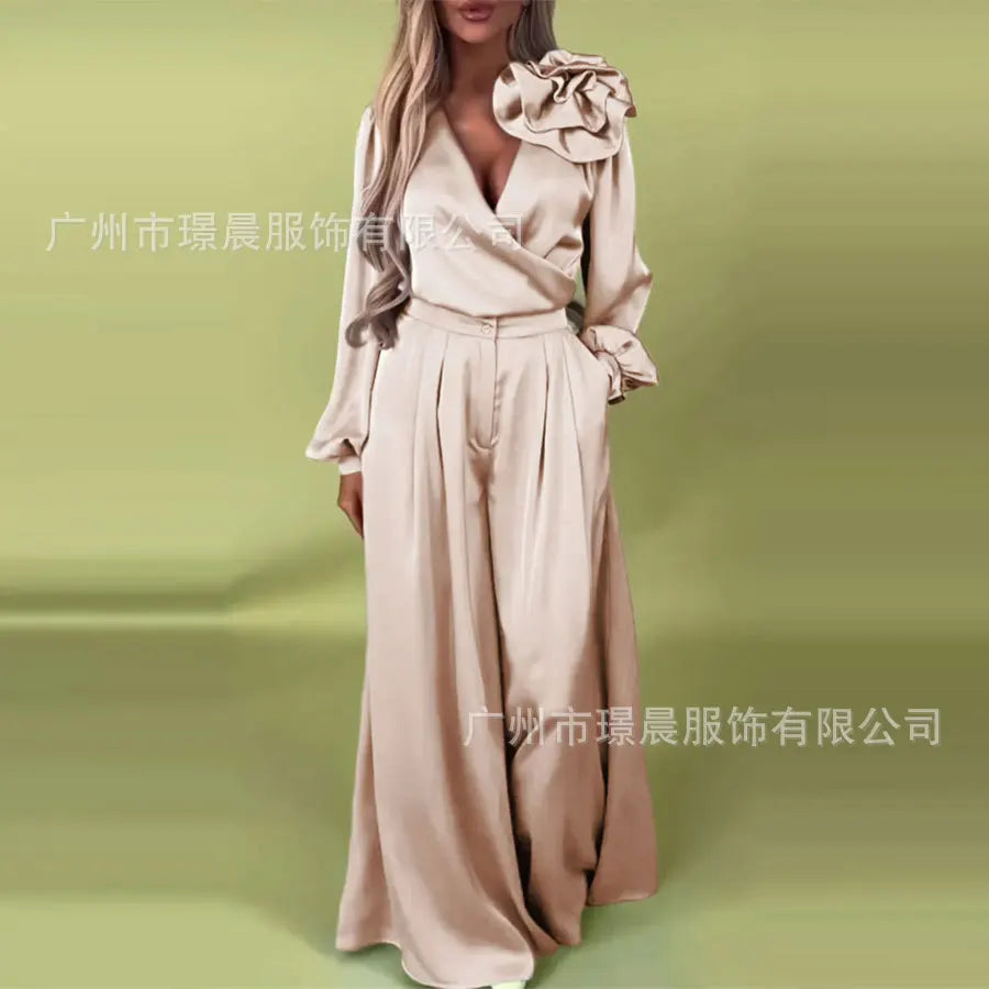 Women 3D Pants Set Elegant Flower Satin Suit For Women V Neck Blouse Wide Leg Casual Loose Trousers Set Formal Commuting