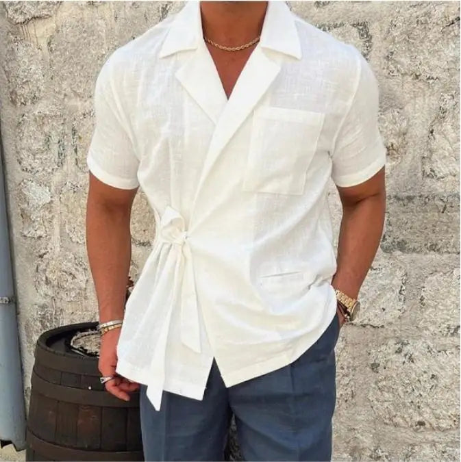 2025 Summer New Casual Fashion Commuting Comfortable Men's Solid Color Cotton and Hemp Suit Collar Strap Short Sleeve Shirt