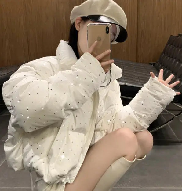 2026 New Winter Clothing Parkas Women's Outwear Short Coats Korean Rhinestone Coat Ladies Thickened Warm Cotton Puffer Jackets