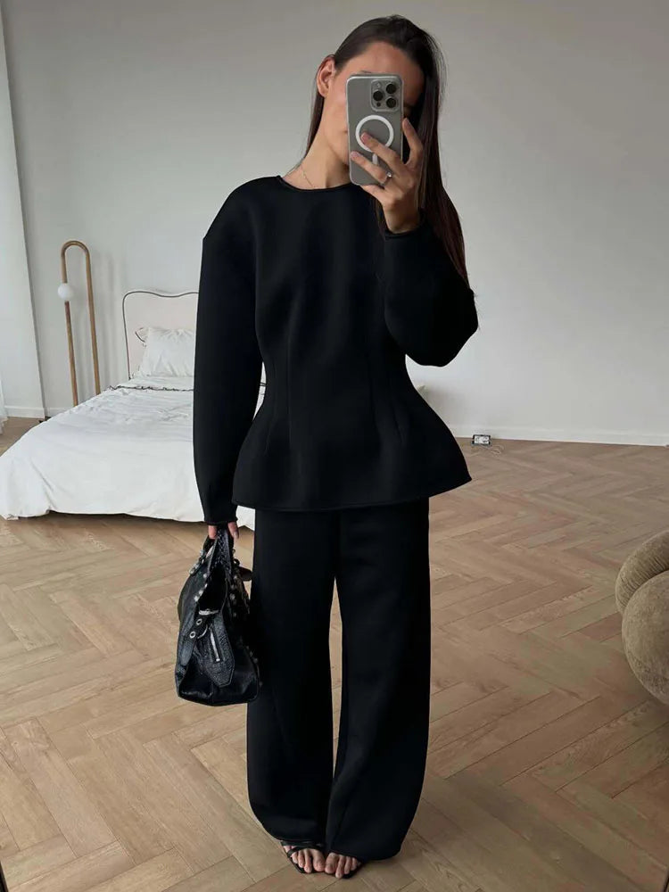 BJTZ 2026 Spring Autumn Women Solid Crew Neck Long Sleeve Top Wide Leg Pants 2 Piece Set Casual Tracksuit Outfits