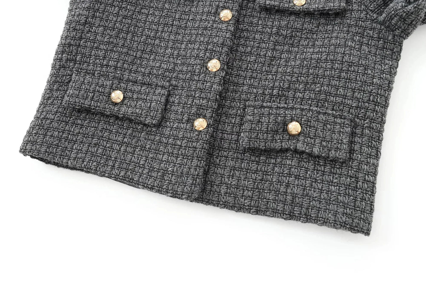 Foridol Tweed Knitted Dark Grey Blazer Coat Women Autumn Winter Gingham Short Coat Office Lady Vintage Buttons Veste