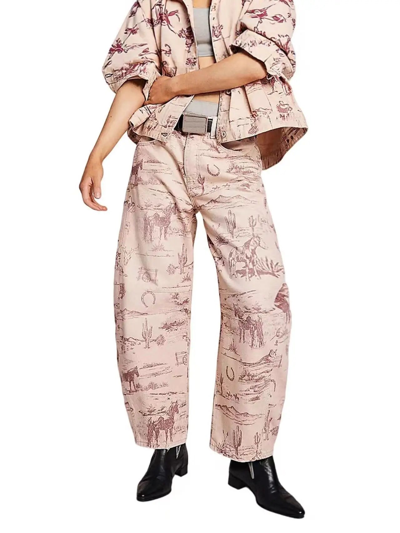 New Spring and Autumn Women's Loose Denim Flower Print Denim Pants Wide-leg Pants
