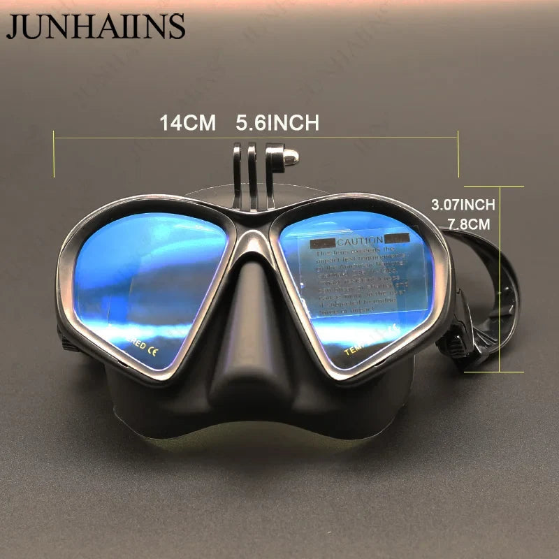 JUNHAIINS Tempered Glass Freediving Mask Snorkeling Set Foldable Snorkel J-Type Diving Mask with Camera Mount