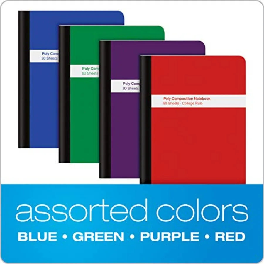 Poly Composition Notebook 4 Pack, Paper, 9-3/4 x 7-1/2 Inch, 80 Sheets, Assorted Colors: Blue, Green, Purple, Red 64958