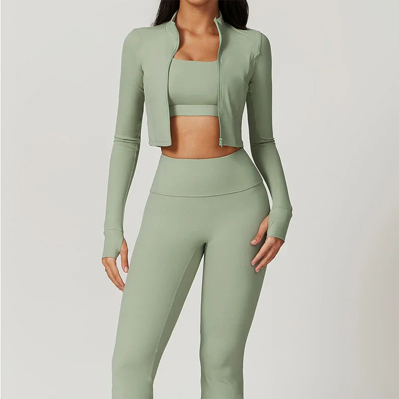 Conjunto Deportivo de 3 Piezas para Entrenar: Sujetador Deportivo, Leggings de Gimnasio de Tiro Alto y Manga Larga