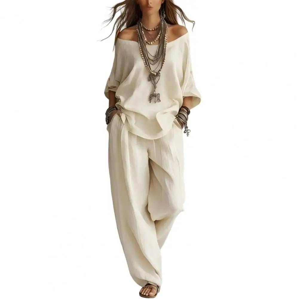 New Elegant Off Shoulder Sling Tops Long Pant Set Summer Women Casual Loose Sleeve Solid 2Pc Suits Fashion Draped Party Suits