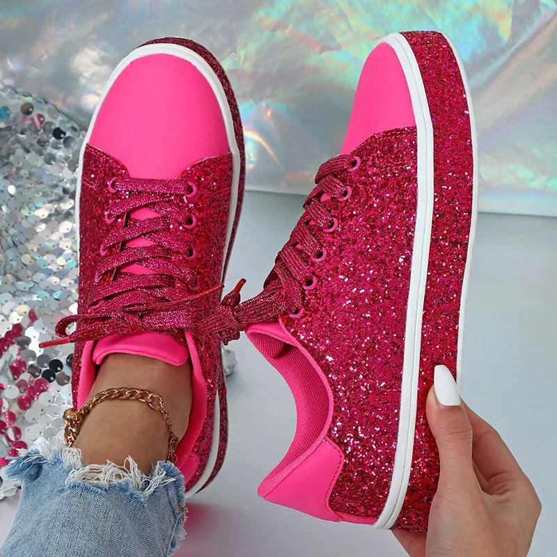 Women Glitter Sequin Leather Pink Sports Shoes Thick Soled Casual Shoes 2025 Ladies Spring Comfortable Lace-up Flat Sneakers