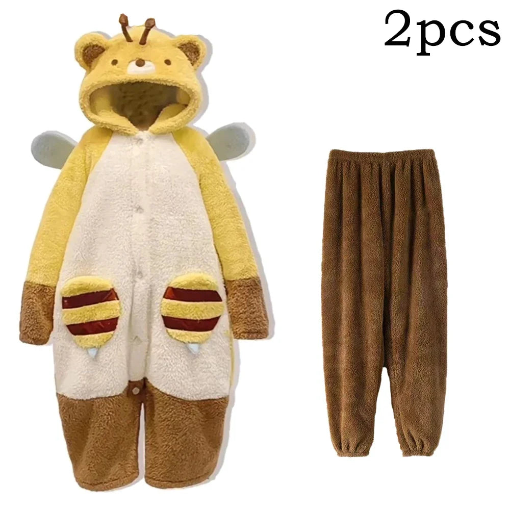 Cartoon Honeybee Pajamas Robes Slipper Kigurumi Unicron Anime Flannel Nightgown Winter Nightdress Party Cosplay Costume Slipper