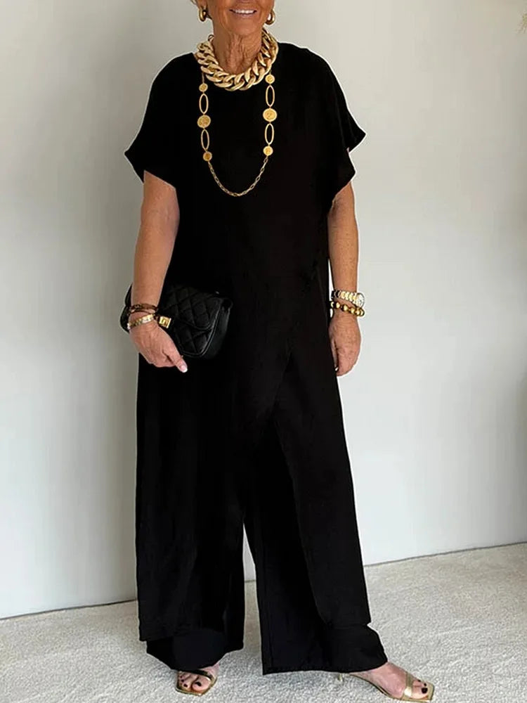 Loose Irregular 2 Piece Set for Women Short Sleeve Round Neck Long Top + Wide Leg Pants Casual Outdoor Commuting Versatile Suit