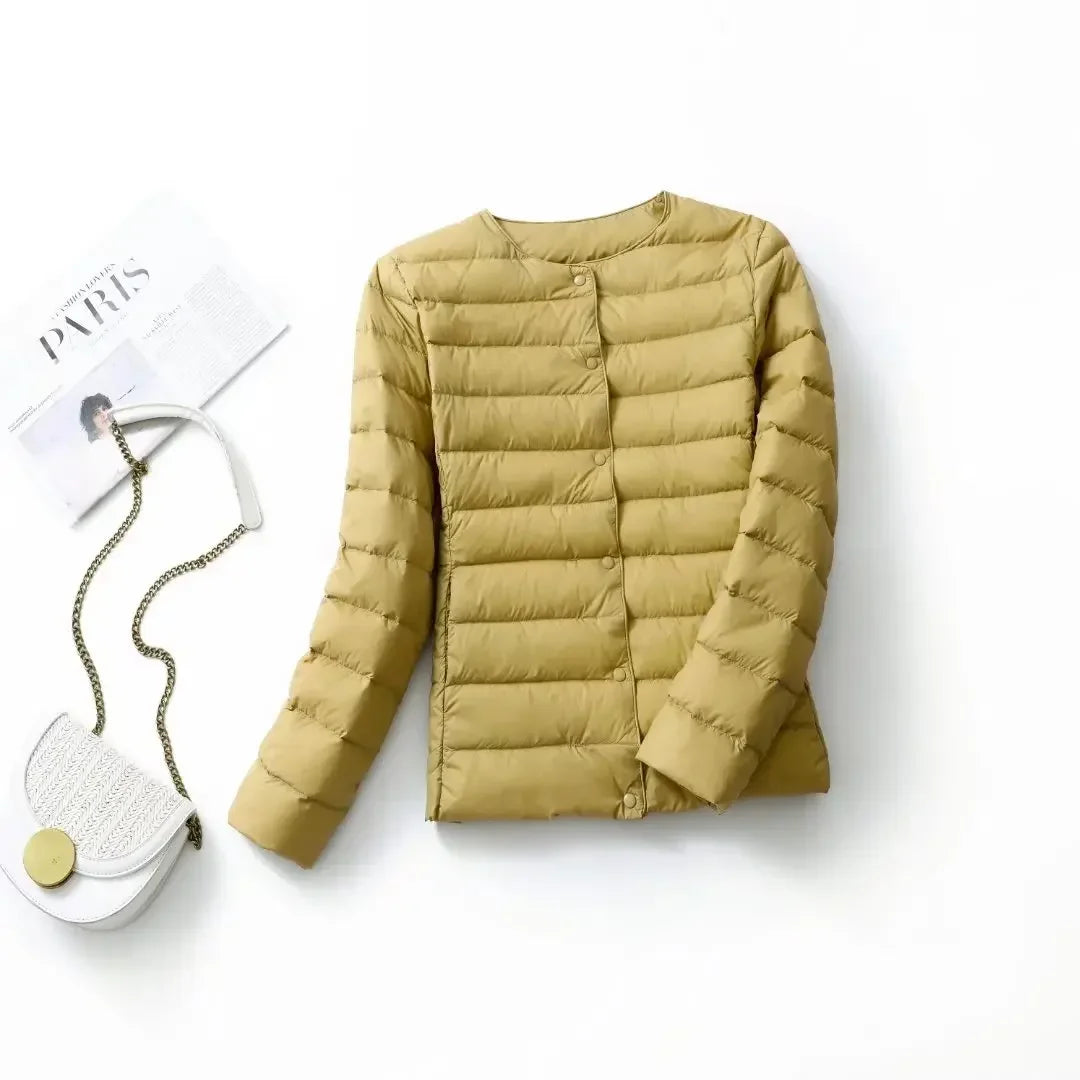New Female Light Down Coat Women Liner Duck Down Jacket O-neck Variable V-neck 2024 Fall Collarless Light Quilted Puffer Coat