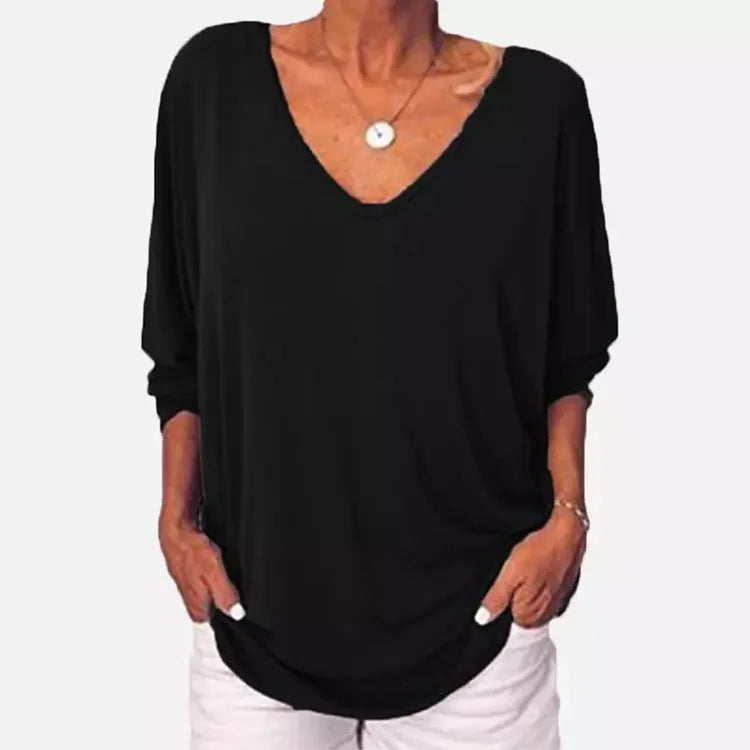 Plus Size Loose Women's Shirt V-Neck Overhead Three-Quarter Sleeve Casual Female Top Button Decoration Padded Shoulder