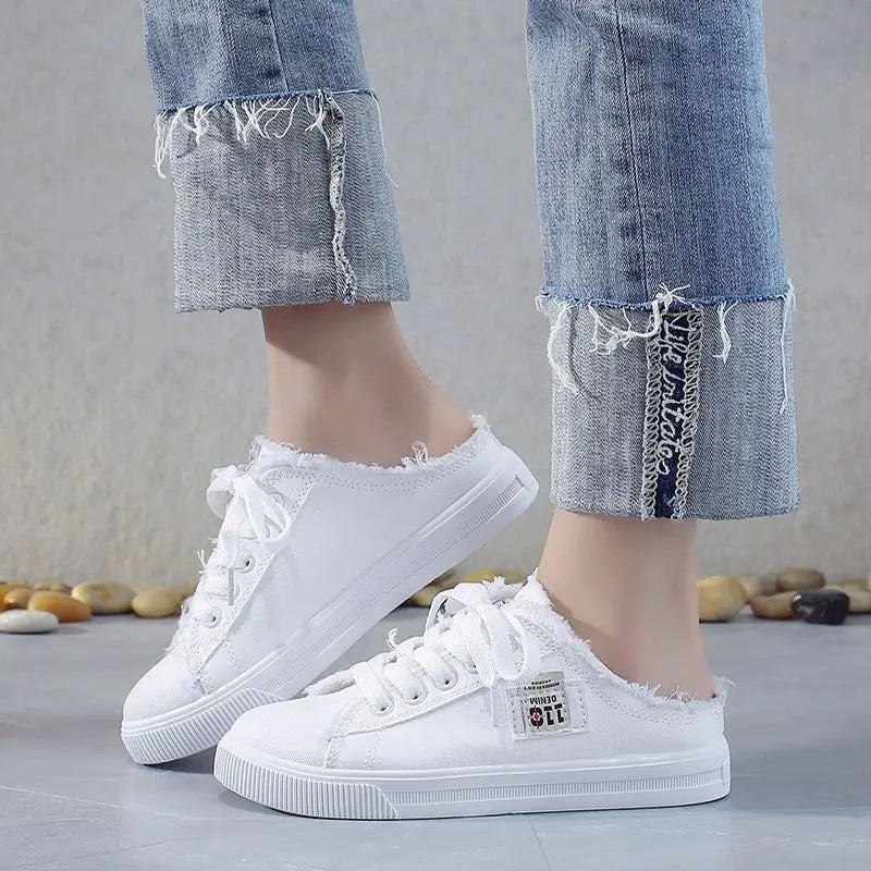 New 2024 Spring Summer Women Canvas Shoes Flat Sneakers Women Casual Shoes Low Upper Lace Up White Shoes