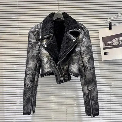 Faux-Leather Shearling Moto Jacket Cropped Winter Biker Coat