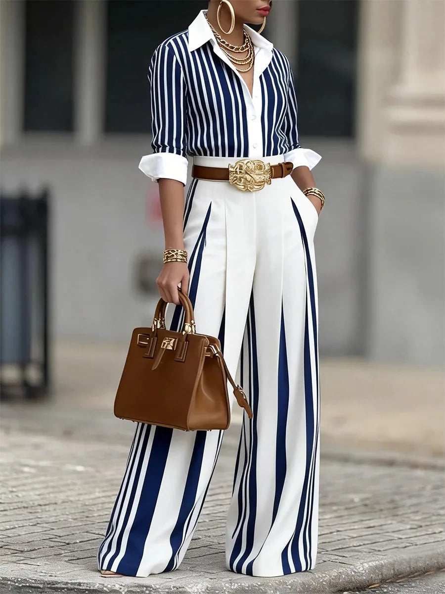 Spring Autumn Fashion Striped Printed Long Sleeve Shirt Women Suit Wide Leg Pocket Pants Female Office 2piece Set Including Belt